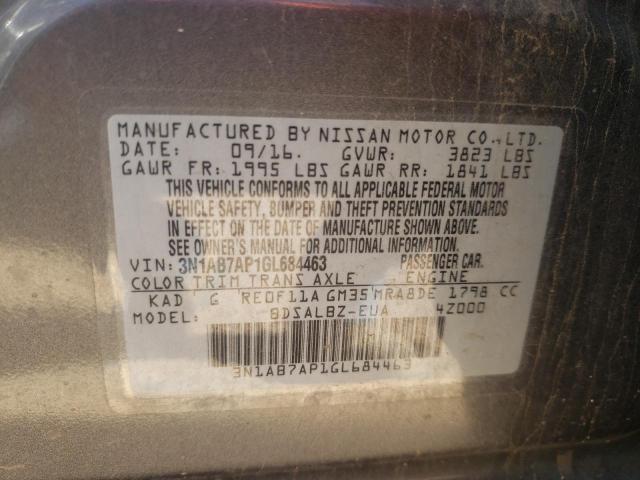 3N1AB7AP1GL684463 - 2016 NISSAN SENTRA S GRAY photo 10