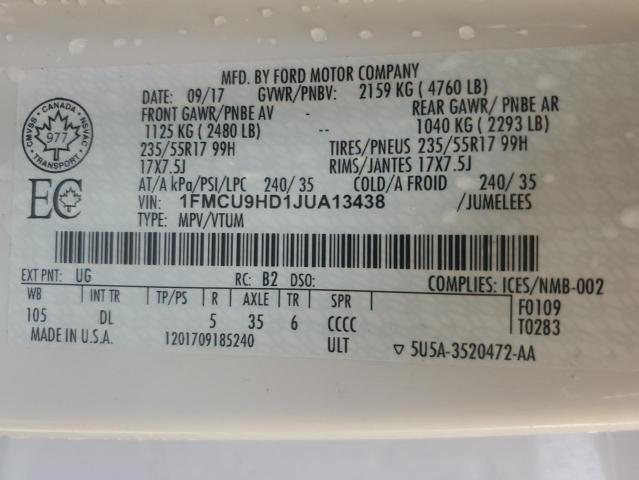 1FMCU9HD1JUA13438 - 2018 FORD ESCAPE SEL WHITE photo 13