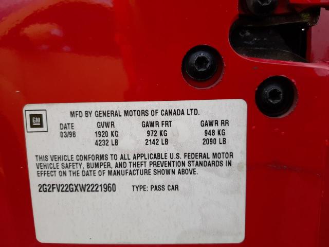 2G2FV22GXW2221960 - 1998 PONTIAC FIREBIRD FORMULA RED photo 12