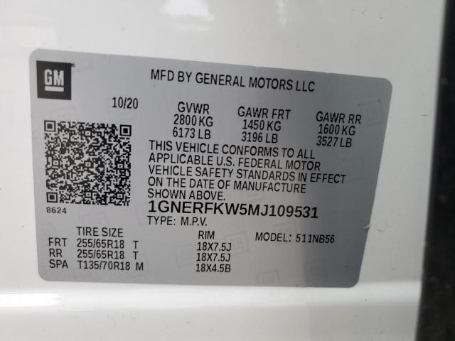 1GNERFKW5MJ109531 - 2021 CHEVROLET TRAVERSE LS WHITE photo 10