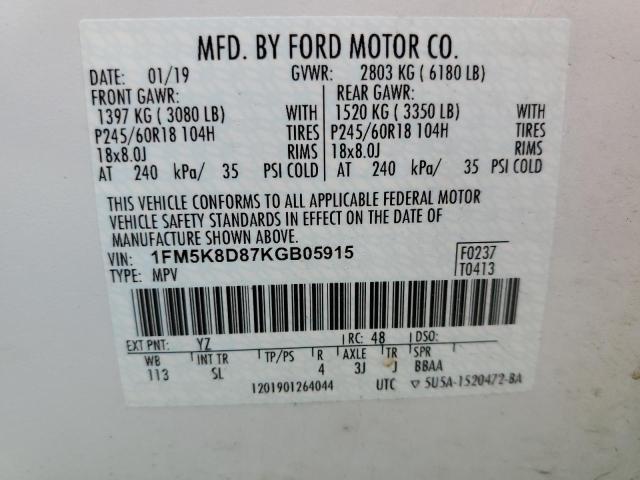 1FM5K8D87KGB05915 - 2019 FORD EXPLORER XLT Weiß Foto 13