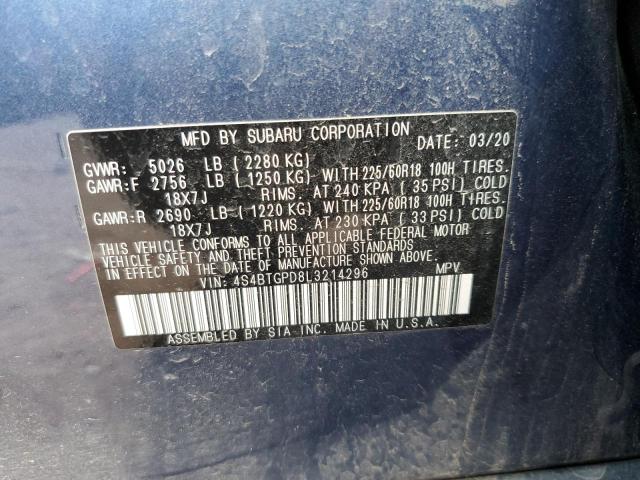 4S4BTGPD8L3214296 - 2020 SUBARU OUTBACK TOURING LDL Կապույտ լուսանկար 12