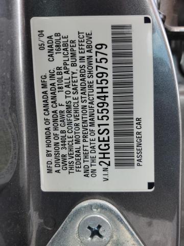 2HGES15594H597579 - 2004 HONDA CIVIC LX GRAY photo 12