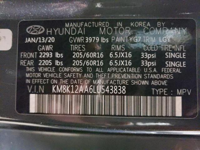 KM8K12AA6LU543838 - 2020 HYUNDAI KONA SE GRAY photo 12