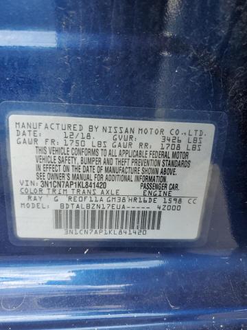 3N1CN7AP1KL841420 - 2019 NISSAN VERSA S BLUE photo 12