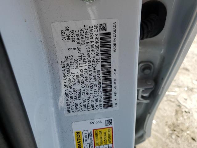 2HGFE2F53NH595490 - 2022 HONDA CIVIC SPORT 白色 照片 12