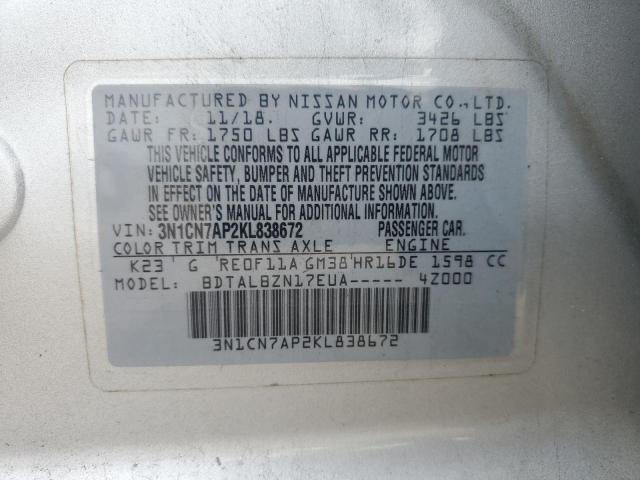 3N1CN7AP2KL838672 - 2019 NISSAN VERSA S Gümüş foto 12