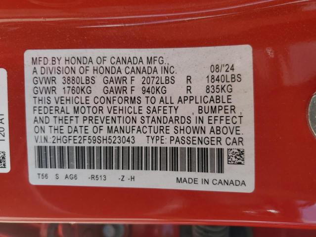 2HGFE2F59SH523043 - 2025 HONDA CIVIC SPORT წითელი ფოტო 12