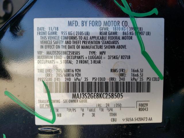 MAJ3S2GE8KC258505 - 2019 FORD ECOSPORT SE BLACK photo 13