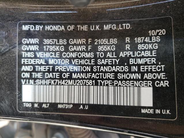 SHHFK7H42MU207581 - 2021 HONDA CIVIC SPORT შავი ფოტო 13