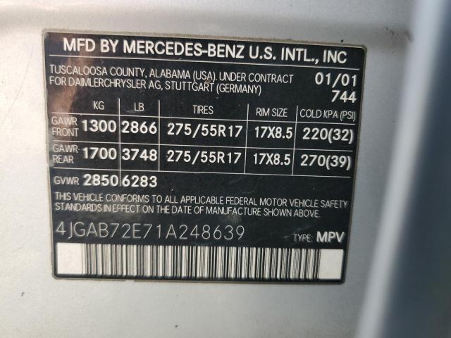 4JGAB72E71A248639 - 2001 MERCEDES-BENZ ML 430 SILVER photo 12