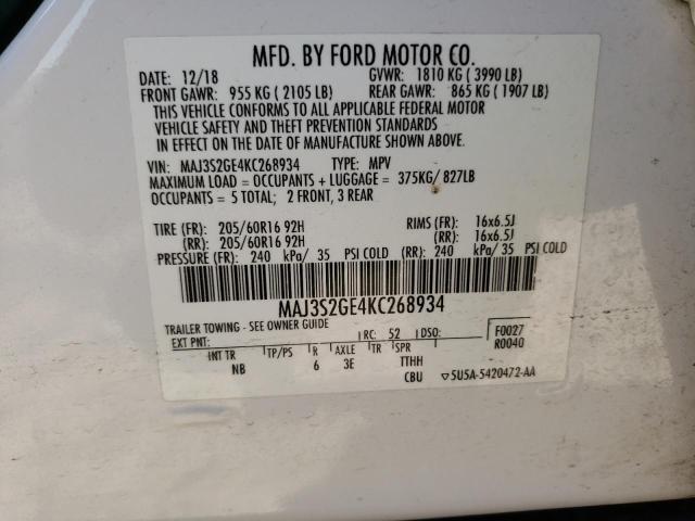 MAJ3S2GE4KC268934 - 2019 FORD ECOSPORT SE WHITE photo 12