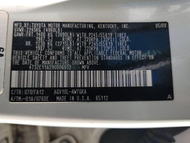 4T3ZE11A29U006932 - 2009 TOYOTA VENZA WHITE photo 10