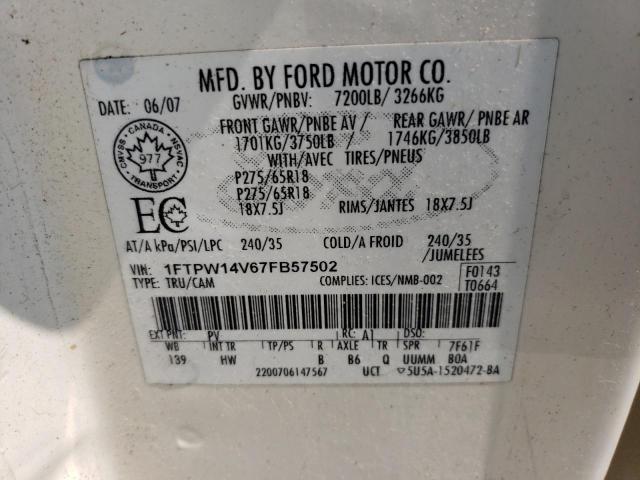 1FTPW14V67FB57502 - 2007 FORD F150 SUPERCREW WHITE photo 12