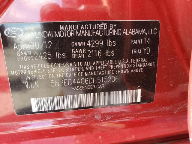 5NPEB4AC6DH515206 - 2013 HYUNDAI SONATA GLS RED photo 12