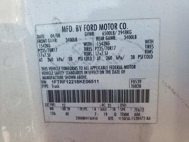 1FTRF12218KE06511 - 2008 FORD F150 WHITE photo 10