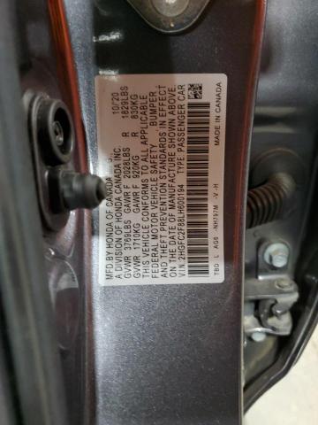 2HGFC2F88LH600194 - 2020 HONDA CIVIC SPORT GRAY photo 12