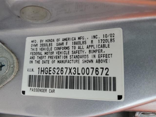 1HGES267X3L007672 - 2003 HONDA CIVIC EX SILVER photo 12