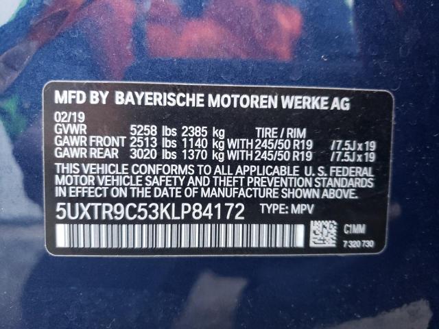 5UXTR9C53KLP84172 - 2019 BMW X3 XDRIVE30I BLUE photo 10