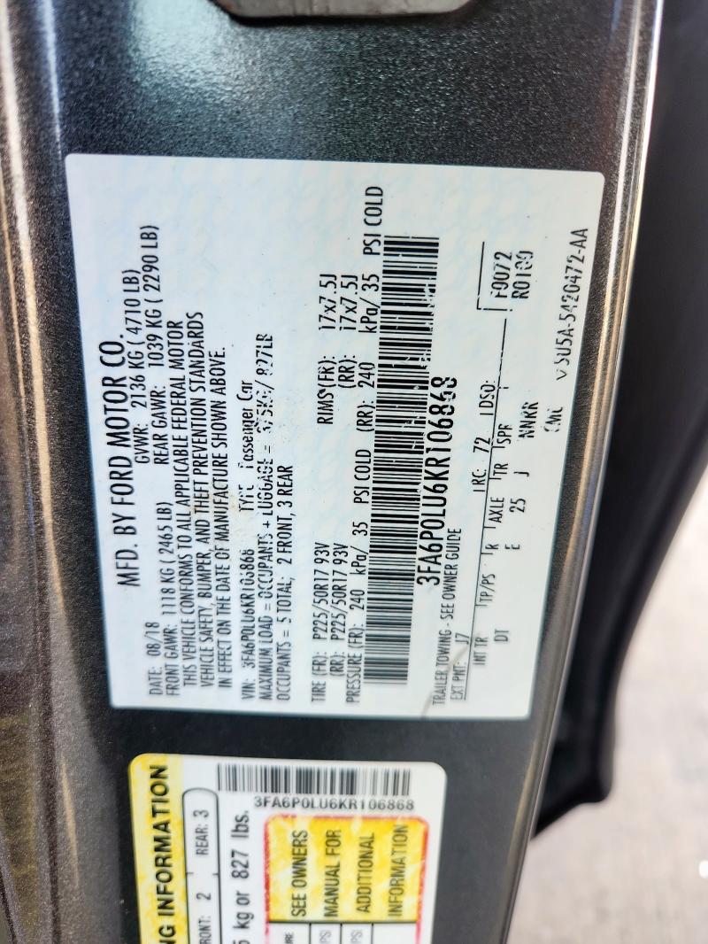 3FA6P0LU6KR106868 - 2019 FORD FUSION SE GRAY photo 13