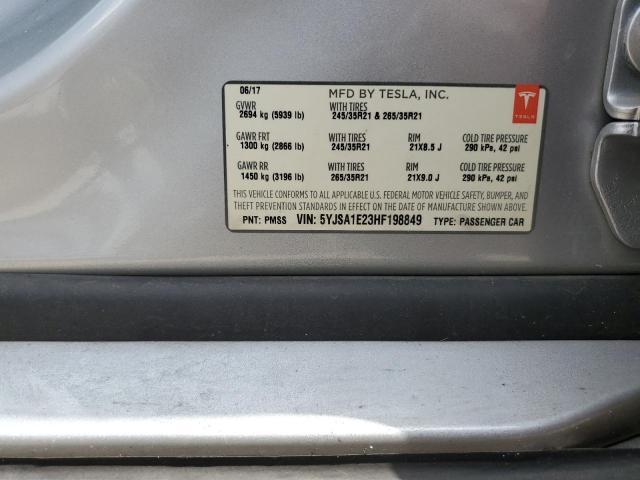 5YJSA1E23HF198849 - 2017 TESLA MODEL S ვერცხლისფერი ფოტო 12
