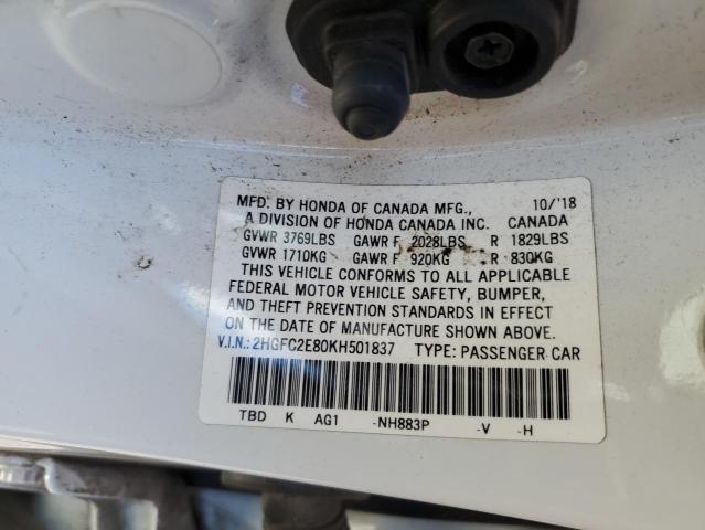 2HGFC2E80KH501837 - 2019 HONDA CIVIC SPORT 白色 照片 12