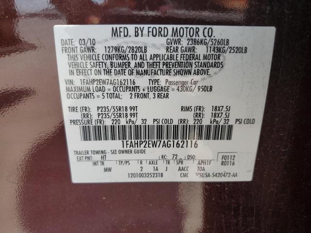 1FAHP2EW7AG162116 - 2010 FORD TAURUS SEL MAROON photo 12