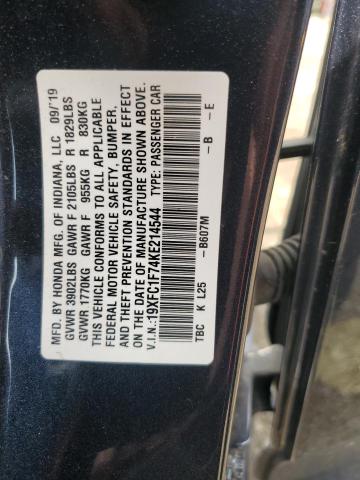 19XFC1F74KE214544 - 2019 HONDA CIVIC EXL გრაფიტი ფოტო 12