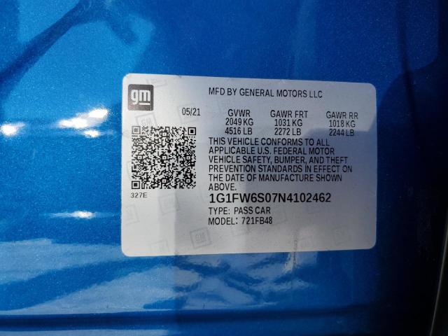 1G1FW6S07N4102462 - 2022 CHEVROLET BOLT EV 1LT BLUE photo 12