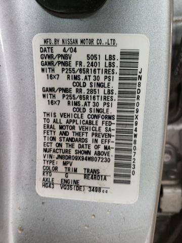 JN8DR09X94W807230 - 2004 NISSAN PATHFINDER LE SILVER photo 13