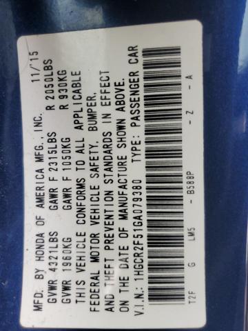 1HGCR2F51GA079380 - 2016 HONDA ACCORD SPORT 蓝色 照片 12