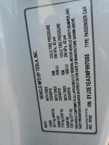 5YJ3E1EA3MF997055 - 2021 TESLA MODEL 3 白色 照片 13