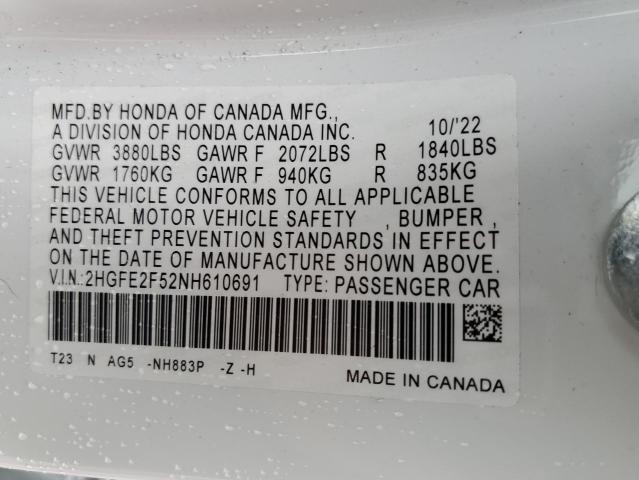 2HGFE2F52NH610691 - 2022 HONDA CIVIC SPORT 白色 照片 12
