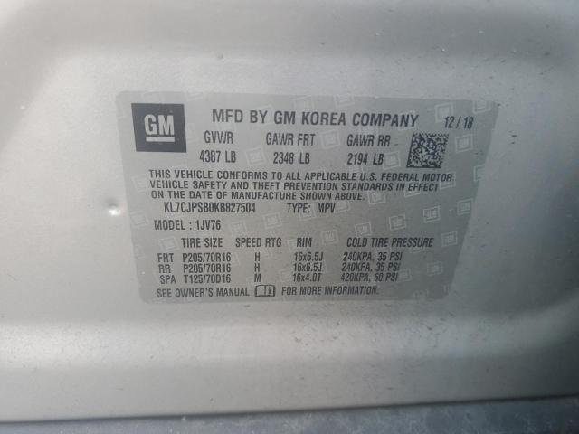 KL7CJPSB0KB827504 - 2019 CHEVROLET TRAX 1LT SILVER photo 13