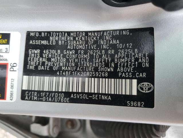 4T4BF1FK2CR259268 - 2012 TOYOTA CAMRY BASE SILVER photo 12