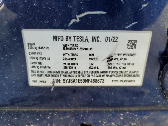 5YJSA1E59NF468673 - 2022 TESLA MODEL S Mavi foto 12