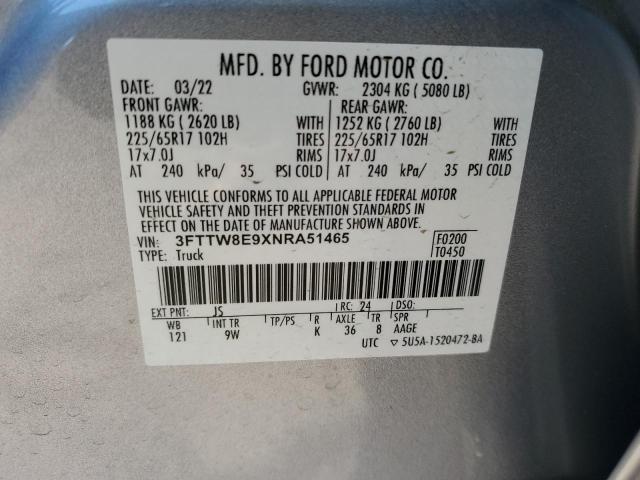 3FTTW8E9XNRA51465 - 2022 FORD MAVERICK XL SILVER photo 12