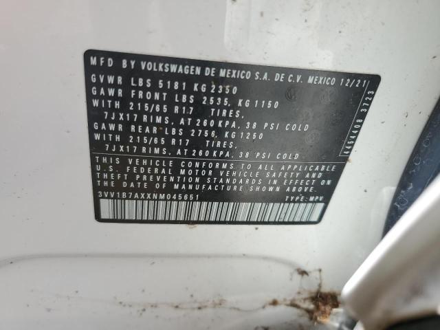 3VV1B7AXXNM045651 - 2022 VOLKSWAGEN TIGUAN S WHITE photo 13