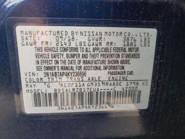 3N1AB7AP4KY236696 - 2019 NISSAN SENTRA S BLUE photo 13