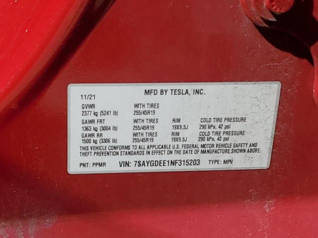 7SAYGDEE1NF315203 - 2022 TESLA MODEL Y RED photo 12