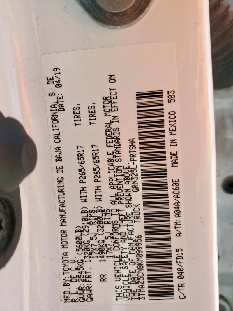 3TMAZ5CN8KM099956 - 2019 TOYOTA TACOMA DOUBLE CAB Ақ фото 12