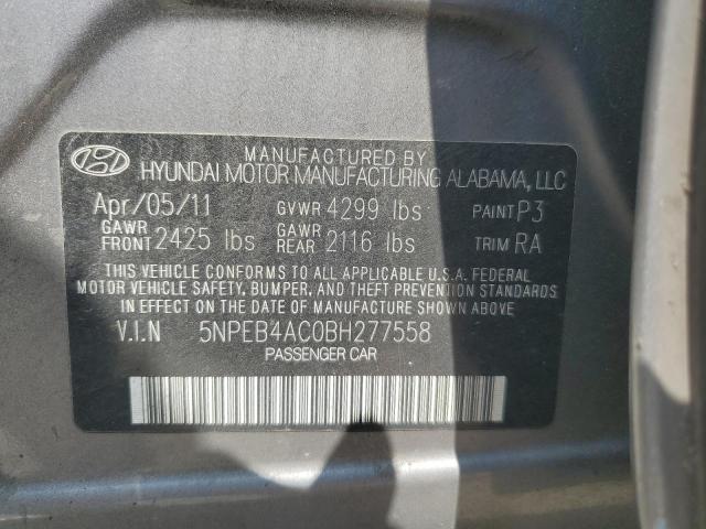 5NPEB4AC0BH277558 - 2011 HYUNDAI SONATA GLS GRAY photo 12