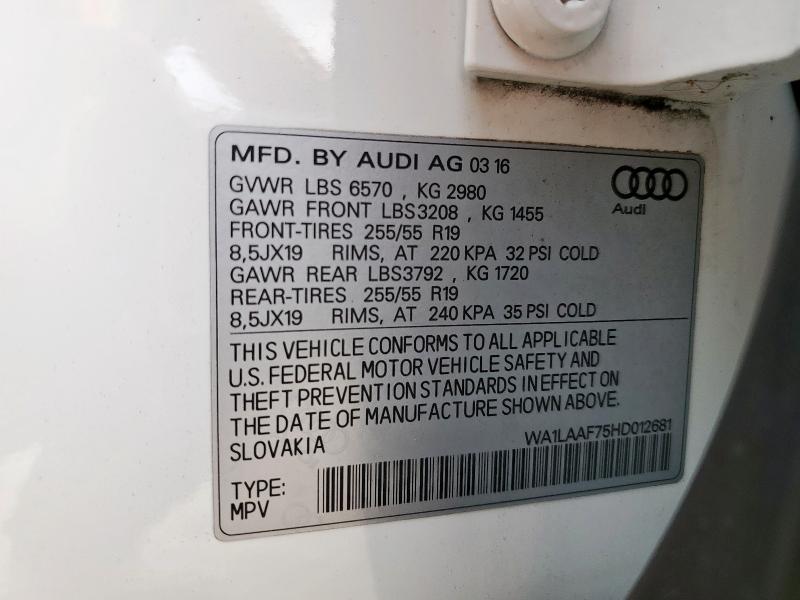 WA1LAAF75HD012681 - 2017 AUDI Q7 PREMIUM PLUS WHITE photo 13