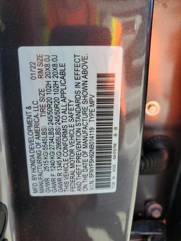 5FNYF5H92NB014119 - 2022 HONDA PILOT TOURING GRAY photo 13