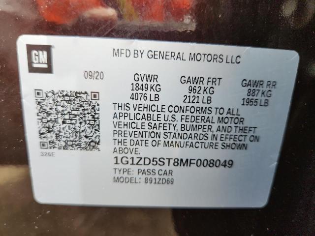 1G1ZD5ST8MF008049 - 2021 CHEVROLET MALIBU LT BURGUNDY photo 12