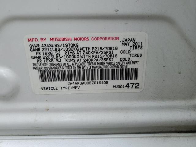 JA4AP3AU0BZ016405 - 2011 MITSUBISHI OUTLANDER ES WHITE photo 10