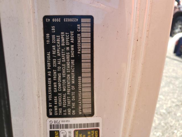 WVWAA7AH5AV009988 - 2010 VOLKSWAGEN EOS TURBO WHITE photo 12