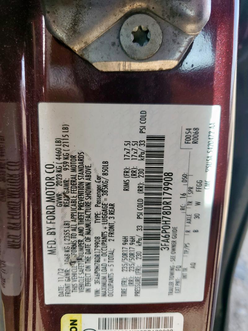 3FA6P0H78DR179908 - 2013 FORD FUSION SE BURGUNDY photo 12