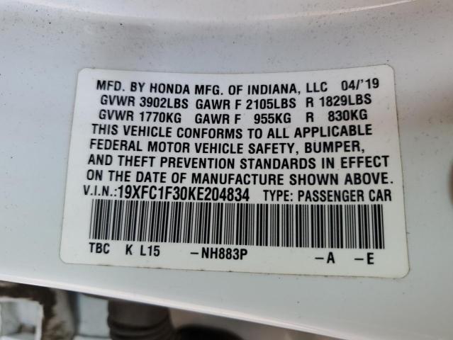 19XFC1F30KE204834 - 2019 HONDA CIVIC EX WHITE photo 12