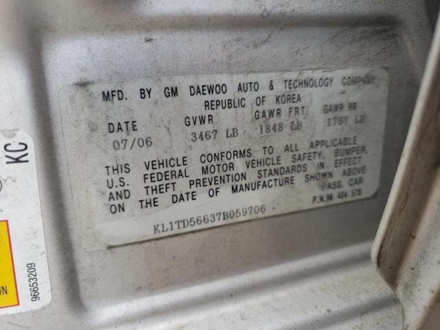 KL1TD56637B059706 - 2007 CHEVROLET AVEO BASE SILVER photo 13